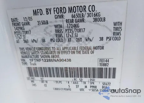 2006 Ford F-150 Stx/Xl/Xlt z USA, uszkodzony, nr VIN 1FTRF12286NA90438